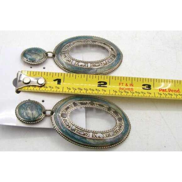 Silver Tone Western Concho Style Earrings Oval Blue Green Enamel Swirl Fashion - Picture 8 of 9